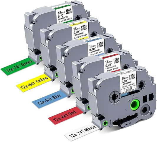 BOYEEZON 5Pack PTD400 Refills 18mm 0.7 Colored Label Maker Tape Compatible for Brother P Touch 3/4 Inch Label Maker Refills Tape TZe-241 441 541 641 741 for Ptouch D400 D600 1880, 26.2 feet(8m)