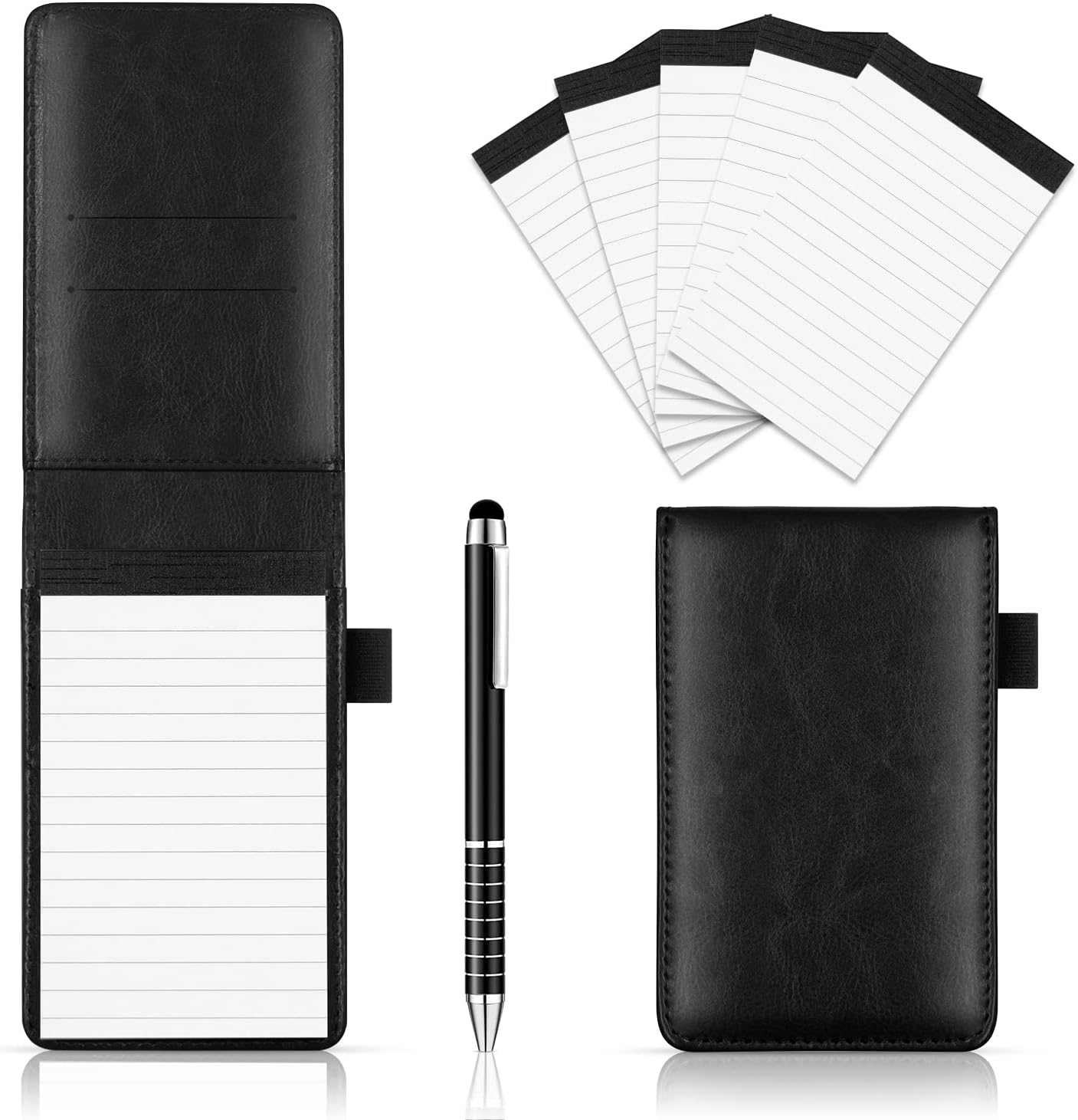 Xhwykzz 7 Pieces Small Notepads Holder Set, Pocket Notebook with pen, Included 5 Pieces Refills 3 x 5 Inch, 30 Lined Paper Per Note Pad (Black)