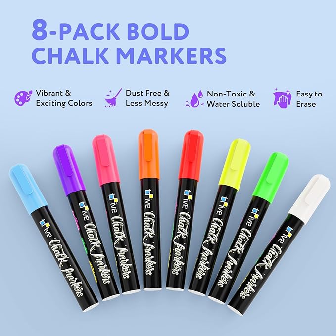 TFIVE Chalk Markers - 8 Color Chalk Pens and 24 Labels - Dry & Wet Erase, Reversible Tip, for Chalkboards, Signs, Windows, Blackboard, Glass, Mirrors, Liquid Chalk