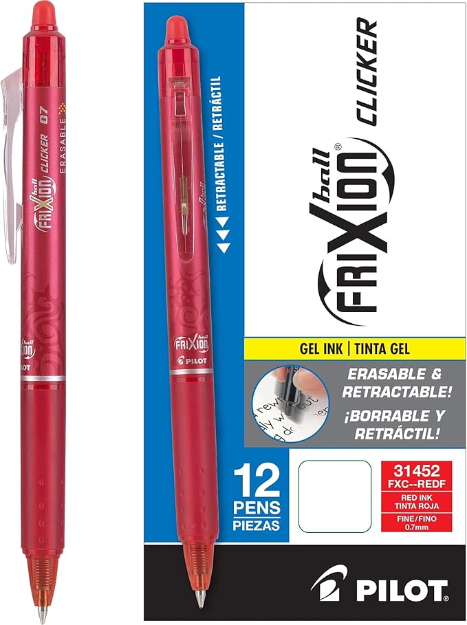 Pilot, FriXion Clicker Erasable Gel Pens, Fine Point. 0.7 mm, Pack of 12, Red