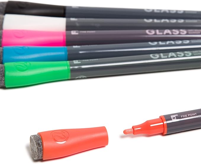 U Brands Fine Tip Liquid Glass Whiteboard Markers with Eraser for Glass Boards, Dry Erase Boards, and Chalk Boards, Assorted Bright Colors, Set of 12