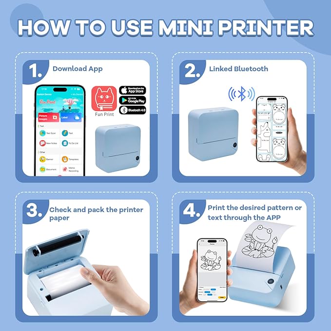 Portable Mini Thermal Printer, Pocket Sticker Maker for Kids Cute Bluetooth Phone Printer with 2 Rolls Paper for Study Graphics, Notes, Fun, DIY, Compatible with Phone or Tablet