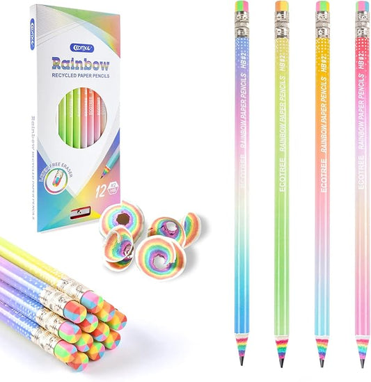 ECOTREE Pre-sharpened Pencils #2 Eco Rainbow Paper Pencil Cute Pencils for Kids Number 2 Pencil with Erasers for School, Writing, 12 Count