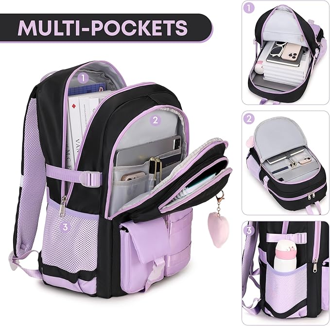 3PCS Student Backpack For School Women College Middle High Teen Girls Bookbag Waterproof Laptop Bag Black Purple