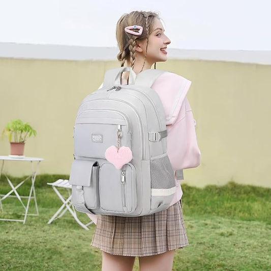 3PCS Backpack For School Women College Middle High Teen Girls Student Bookbag Waterproof Laptop Bag Grey