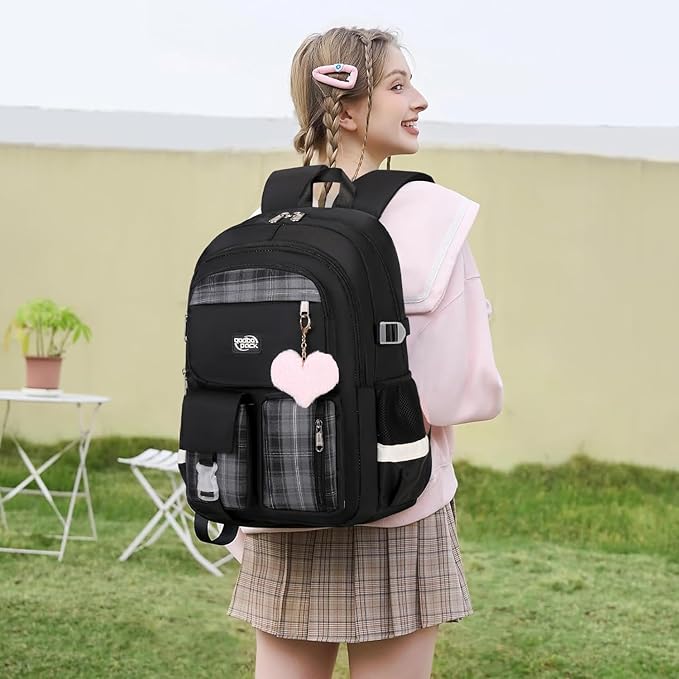 3PCS Backpack For School Women College Middle High Teen Girls Student Bookbag Waterproof Laptop Bag Plaid Black