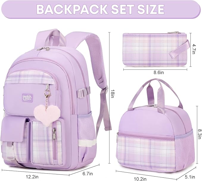 3PCS Backpack For School Women College Middle High Teen Girls Student Bookbag Waterproof Laptop Bag Plaid Purple