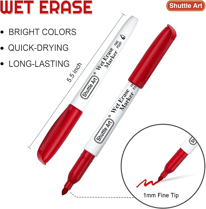 Shuttle Art Wet Erase Markers, 15 Pack Red 1mm Fine Tip Smudge-Free Markers, Use on Laminated Calendars, Overhead Projectors, Schedules, Whiteboards, Transparencies, Glass, Wipe with Water