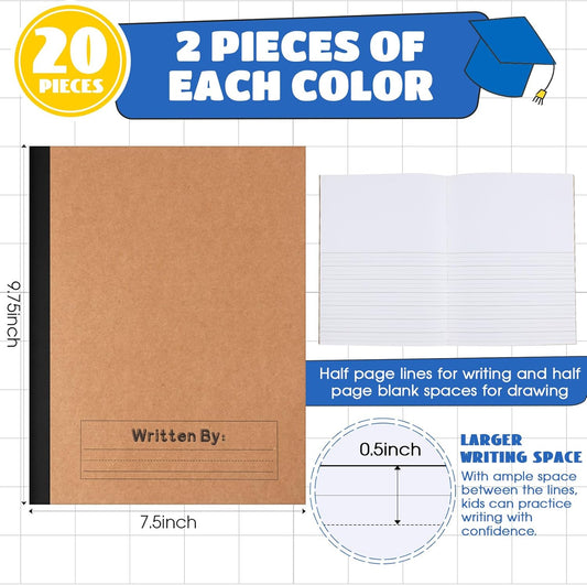 Henoyso 20 Pcs Primary Composition Notebook 9 3/4 x 7 1/2 Inch Kids Journal, Back to School Supplies, K-2 Primary Writing Notebook for Kids Student Draw and Write Story Journal (Black Color)