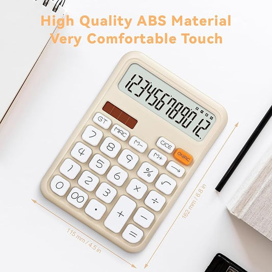 Pendancy Calculators Desktop, Basic 4 Function Handheld Desk Calculator with Solar Battery Dual Power, 12 Digit Large LCD Display Big Button for Office School Home Use (Beige)