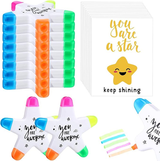 12 Sets Back to School Gifts for Students Star Highlighters with You're a Star Cards Gift Bags 5 in 1 Fluorescent Pens Affirmation Gifts for First Day of School Party Favor (Awesome)