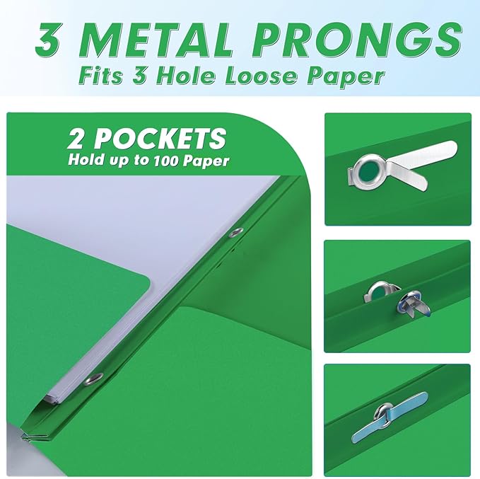 Two Pocket Folders, PANDRI 30 Pack Two Pocket Folders with Prongs, 3 Prong Folders Designed for Office and Classroom, Letter Size Green