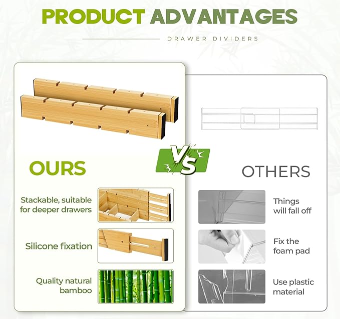 Bamboo Drawer Dividers 4PCS with Inserts, Expandable Kitchen Utensil Drawer Organizers,Adjustable drawer organizer for deep drawers Dresser Closet Underwear Storage Bedroom Bathroom Drawers(16.6"-22")