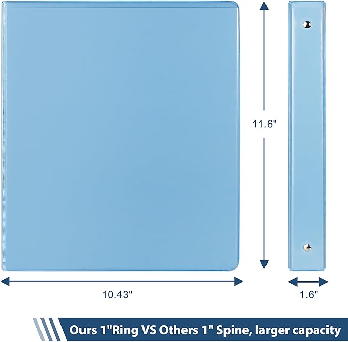 COMIX Standard 3 Ring Binder 1 inch with Clear View Cover, 1" Round Ring View Binder Holds 200 Sheets of US Letter Size Paper for School Office Supplies, 6 Pack (Pale Blue)