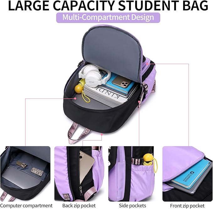Teenage Girls Bookbag School Backpack Children Casual Daypack Schoolbag for Teens Black Purple