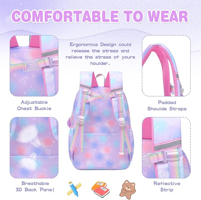 Sweet Girls Backpack - Stylish Splash-resistant School Bag with Multiple Pockets & Trendy Laptop Compartment（17inch Set Purple）