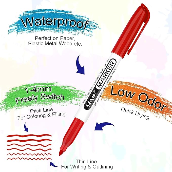 SFAIH 144 Pack Permanent Markers Bulk - Classroom Set, 12 Vibrant Colors, Works on Paper, Clothes, Plastic, Fabric, Wood, Student Art Supplies, Drawing, Coloring, Non-Toxic, Classroom Group Supplies