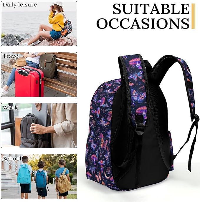 17 Inch Laptop Backpack 70s Neon Butterflies Mushroom Teen Girls Boys School Backpack Bags Travel Bookbag Back Pack Outdoor Daypack for Women Men
