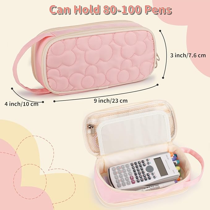 Pencil Case For Girls,Flower Quilted Large Capacity Pencil Pouch With 2 Compartment, Zipper Pencil Bag With Handle, Women Soft Pencil Box For Middle School Office College