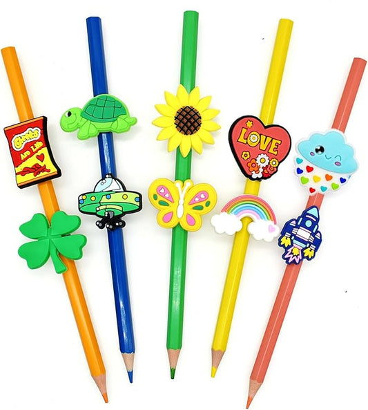 YEALQU 200PCS Random Different Pencil Topper Decoations Cute PVC Pencil Toppes Lovely Black Clip for Pupil/Junior Students Gifts Awards