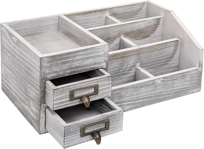 Distressed Rustic Wooden Office Desktop Organizer Wood Shelf Tabletop Home Organizer Storage with Multiple Compartments 2 Tier Drawers,perfect Jewelry storage Display Box for Desk, Vanity (gray)