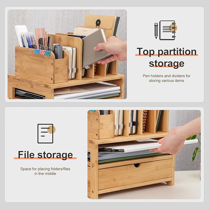 Homde Bamboo Desk Organizer with Drawer and File Holder, Office Organization for Desks with Adjustable Pen Holding, Desktop Letter Paper Tray Storage for Workplace Home School (Natural, M)