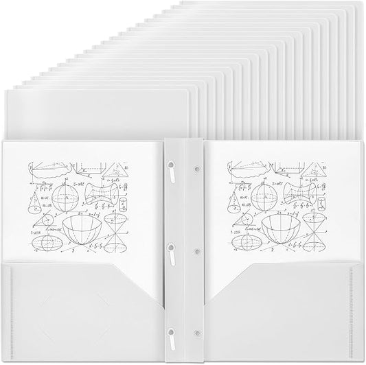 Lincia 100 Pcs Plastic Folders with Pockets and Prong Folders with Prongs 2 Pockets for Office, School for Students, Teachers, Office Workers(White)