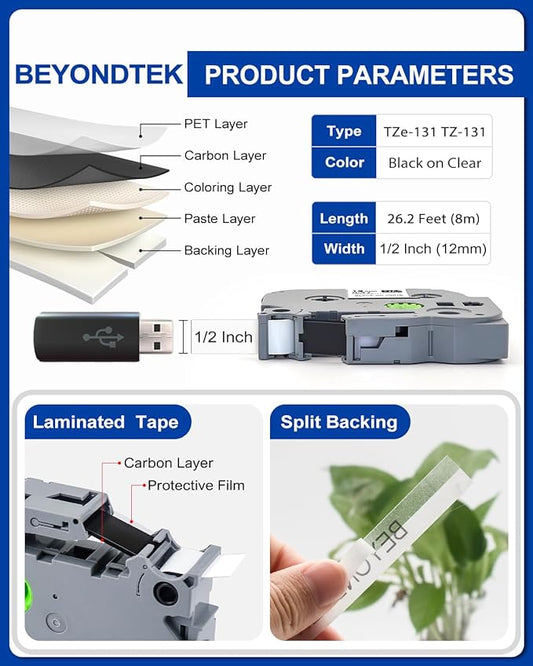 4PK Work for Brother P Touch Black on Clear TZ TZe 1/2" Label Tape Replace with Brother Label Maker Tape 12mm 0.47 Laminated Clear TZe-131 TZe131 for PT-H103w H110 D210 D220 D400 1180 1280 1890 2040