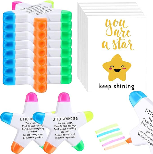 12 Sets Back to School Gifts for Students Star Highlighters with You're a Star Cards Gift Bags 5 in 1 Fluorescent Pens Affirmation Gifts for First Day of School Party Favor (Reminder)