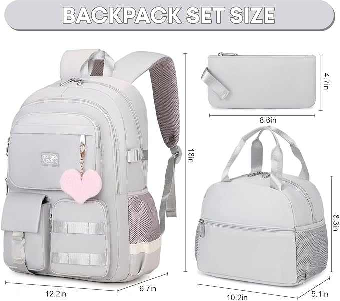3PCS Student Backpack For School Women College Middle High Teen Girls Bookbag Waterproof Laptop Bag Grey