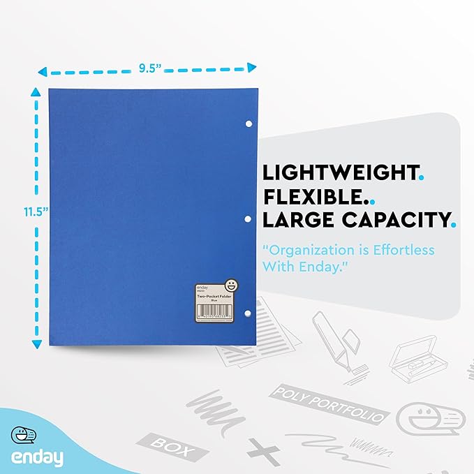 Blue Folders with Pockets 2 Pocket Folder Bulk, Two Pockets File for Letter Size Sheets, Bulk Paper Also Available in Blue, 100 Pack - by Enday