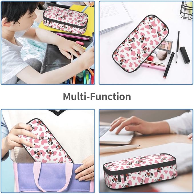 Pink Cows Strawberry Print Large Pencil Case With Zipper Compartments Stationery Pencil Bag For Kids Teens Students School Supplies