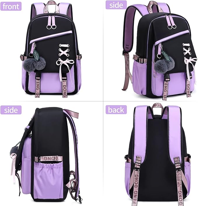 Teenage Girls Bookbag School Backpack Children Casual Daypack Schoolbag for Teens Black Purple