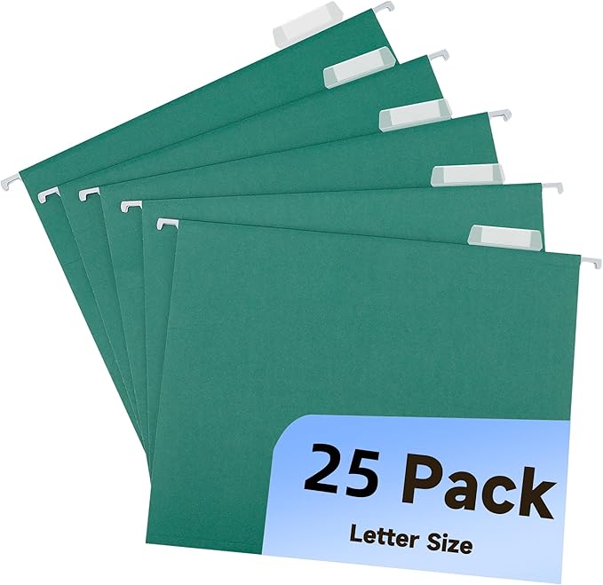 Green Hanging File Folders 25 Pack Letter Size File Folders with 1/5-cut Tabs,Stay Organized for Your Home and Office Bulk File and Documents