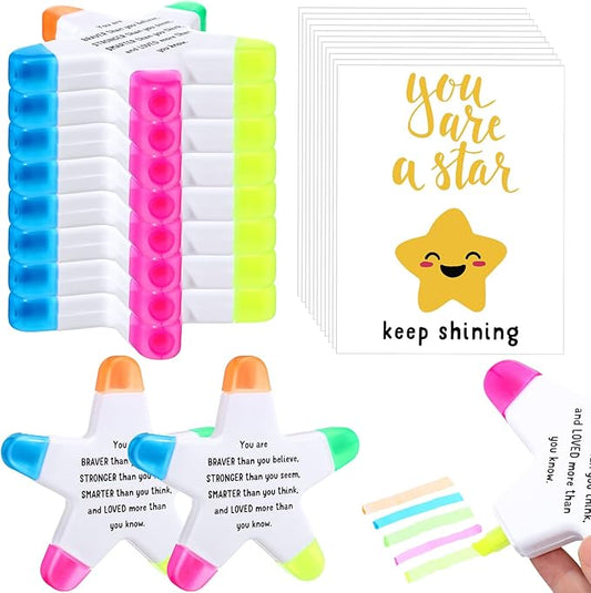12 Sets Back to School Gifts for Students Star Highlighters with You're a Star Cards Gift Bags 5 in 1 Fluorescent Pens Affirmation Gifts for First Day of School Party Favor (Stronger)