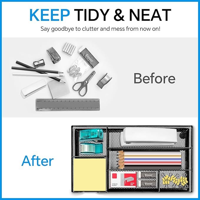 Desk Drawer Organizer, Office Drawer Divider Organizer Tray with 6 Compartments, Metal Mesh Desktop Organization and Accessories for Stationery Makeup Kitchen Toolroom School ＆ Office, 11x6.1x1.38 in