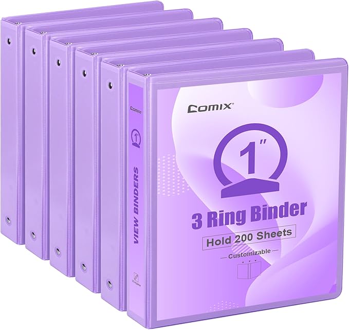 COMIX Standard 3 Ring Binder 1 inch with Clear View Cover, 1" Round Ring View Binder Holds 200 Sheets of US Letter Size Paper for School Office Supplies, 6 Pack (Pale Purple)