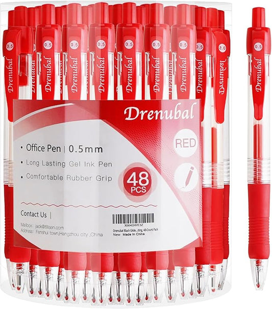 Red Ballpoint Pens with Rubber Grip，Fine(0.5mm) Point Retractable-Set of 48 Writing Pens for School Office