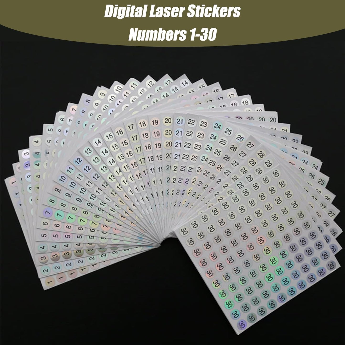 30 Sheets 1 to 30 Waterproof Reflective Laser Number Stickers,Round Self Adhesive Stickers/Inventory/Storage Organizing Sticker