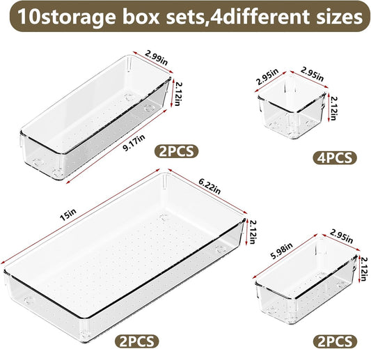 10 PCS Clear Plastic Drawer Organizer Set, 4 Sizes Acrylic Drawer Storage Trays Non Slip Storage Bins for Makeup, Jewelry, Gadgets for Kitchen, Bedroom, Bathroom, Office