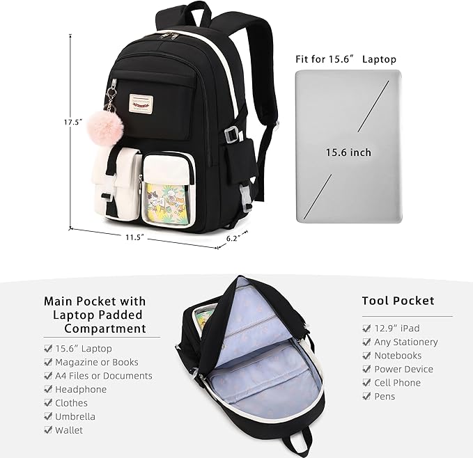 SHADOW VISION School Backpacks for Girls Backpack Cute Teen Girl Bookbag School Bag Backpack for Girls Teens (Black)