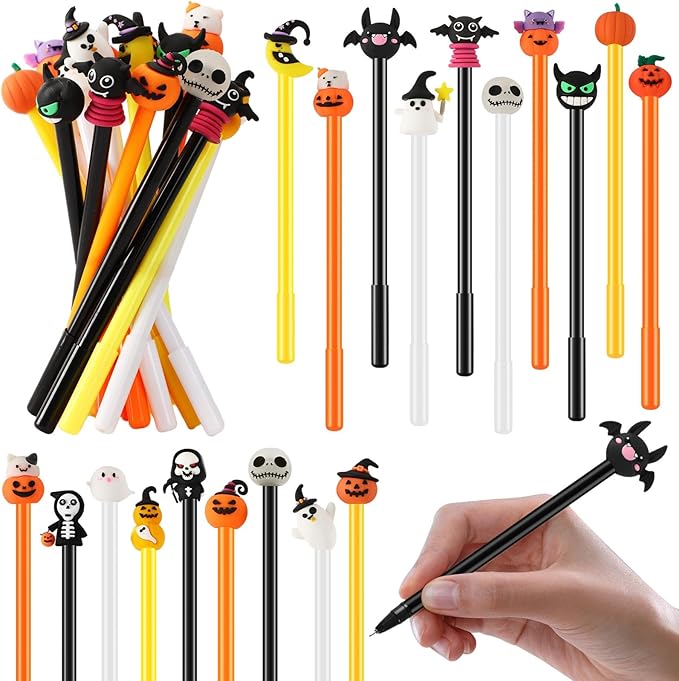 SANNIX 20pcs Halloween Cartoon Pens, Novelty Pumpkin Ghost Skull Bat Gel Ink RollerBall Pens for Halloween Birthday Party Favors Kids Gift School Home Supplies