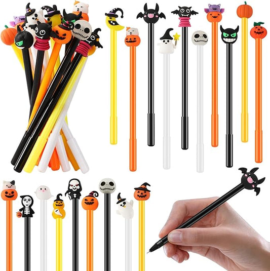 SANNIX 20pcs Halloween Cartoon Pens, Novelty Pumpkin Ghost Skull Bat Gel Ink RollerBall Pens for Halloween Birthday Party Favors Kids Gift School Home Supplies
