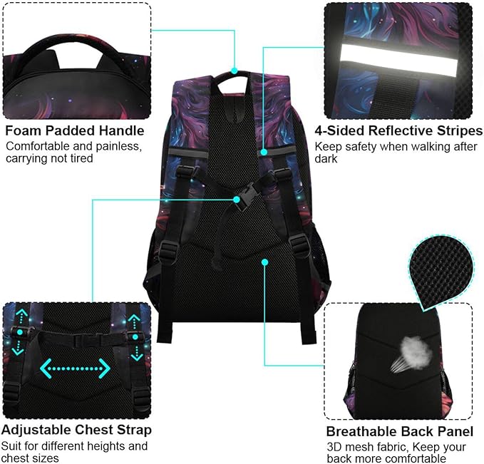 Horse Backpack for Students Boys Girls Glowing Purple Horse School Bag Travel Daypack Rucksack