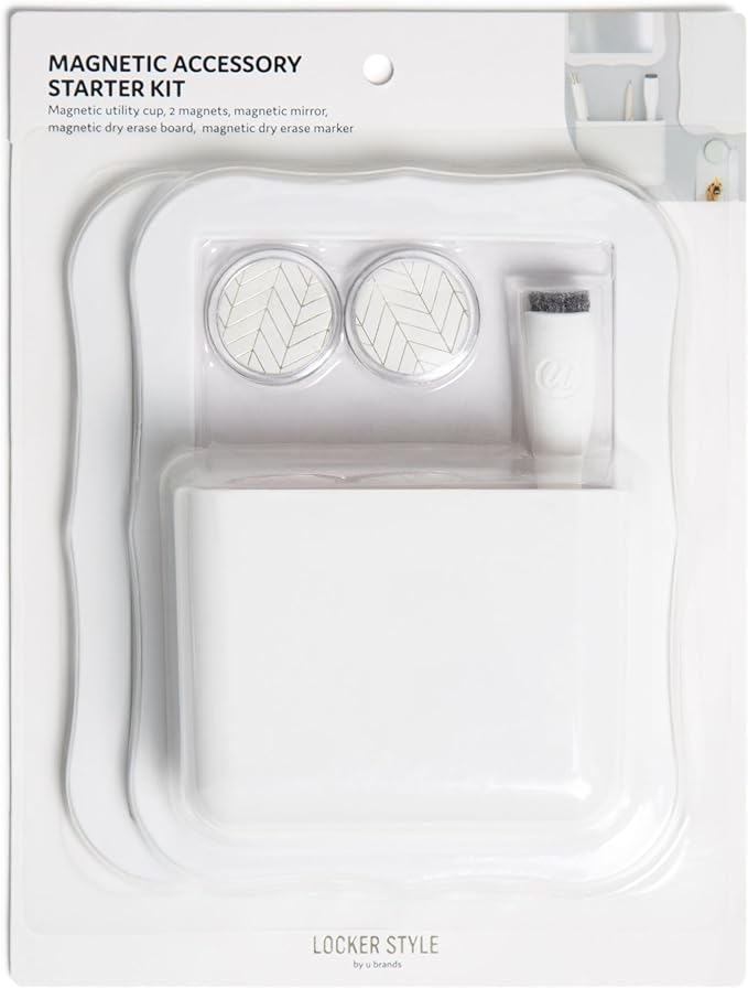 U Brands White Locker Accessory Kit, with Magnets, Mirror, Whiteboard, Marker, Cup, 6 Pieces