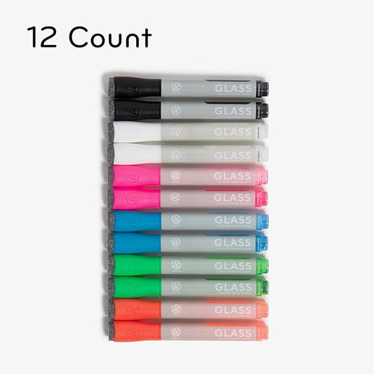 U Brands Bold Tip Liquid Glass Whiteboard Markers with Eraser for Glass Boards, Dry Erase Boards, and Chalk Boards, Assorted Bright Colors, Set of 12