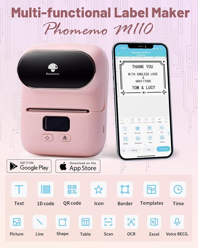 Phomemo Thermal Label Maker - M110 Barcode Label Printer Portable Bluetooth Labeler Maker Machine for for Small Business, Address, Logo, Clothing, Mailing, with 40x30mm Label, Pink