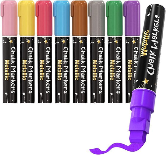 Window Chalk Markers for Cars Glass Washable, 8 Colors Metallic Jumbo Liquid Chalk Marker Pens with 10mm 3 in 1 Nib Wide Tip, Chalkboard Markers Car Window Paint Pen for Auto, Mirror, Poster