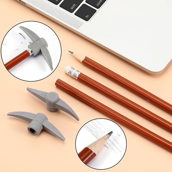 Chinco 48 Pieces Pickaxe Pencils Eraser Set Funny Eraser Topper Pencils Bulk with Axe Shape Erase for Back to School Supplies Students Gifts