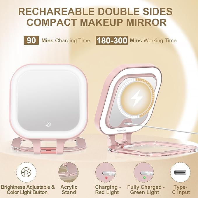 Mocado Compact Travel Makeup Mirror, 1X/20X Magnifying Mirror with Light, Double Sides Compact Mirror with 3 Color Light, Dimmable Handheld Mirror, Rechargeable Travel for Purse,Pocket(Pink)